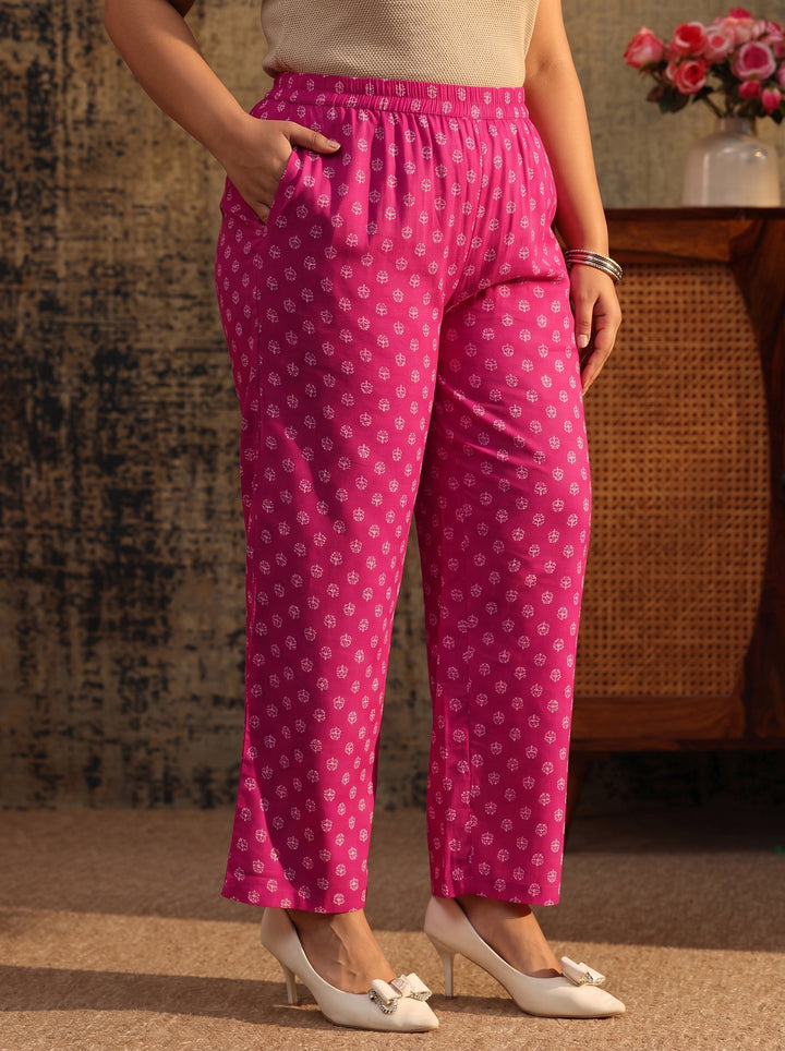Plus Size Magenta Floral Printed Cotton Straight Suit Set