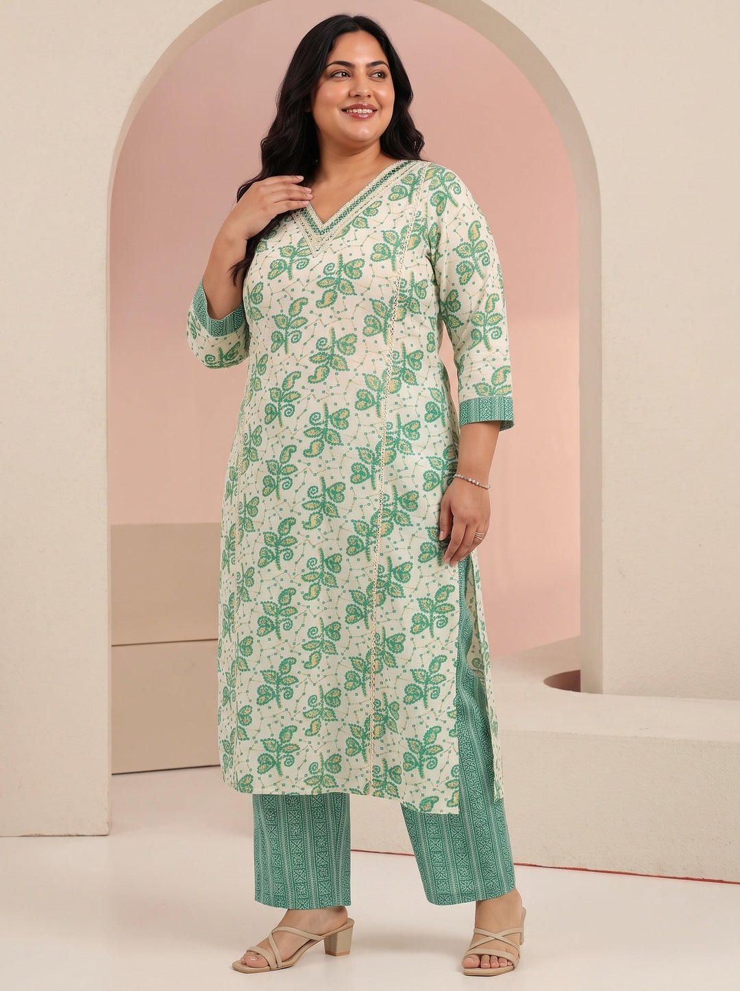 Plus Size Off White Floral Printed Cotton Straight Suit Set