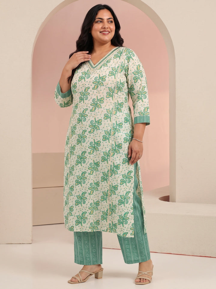 Plus Size Off White Floral Printed Cotton Straight Suit Set