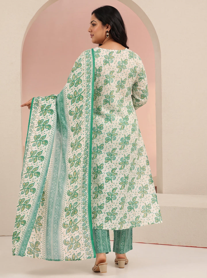 Plus Size Off White Floral Printed Cotton Straight Suit Set
