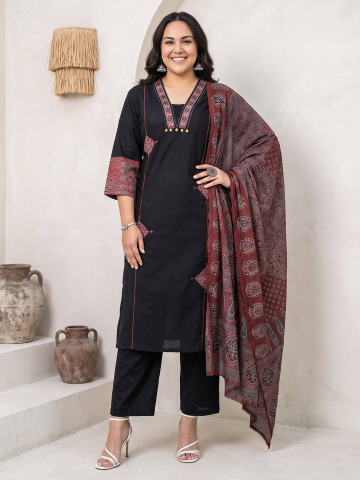 Plus Size Black Ajrakh Printed Cotton Straight Suit Set
