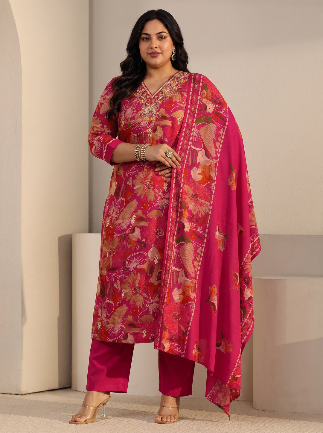Plus Size Pink Floral Printed Cotton Blend Straight Suit Set