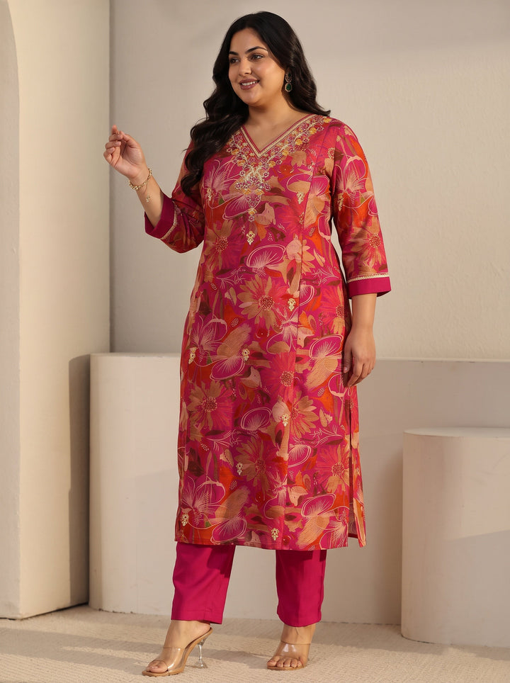 Plus Size Pink Floral Printed Cotton Blend Straight Suit Set