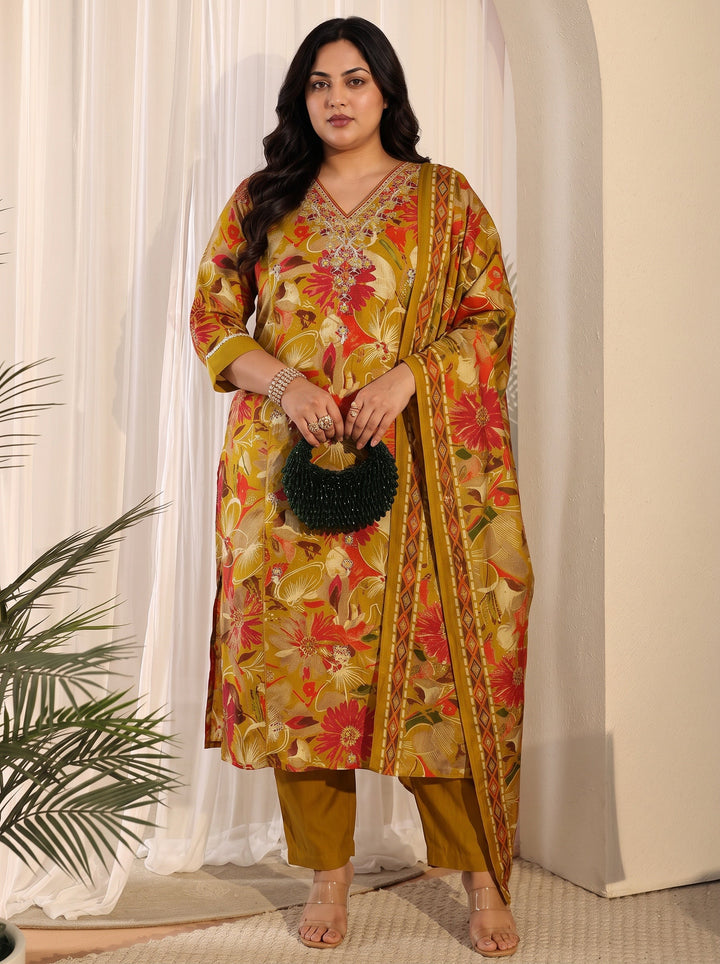 Plus Size Mustard Floral Printed Cotton Blend Straight Suit Set