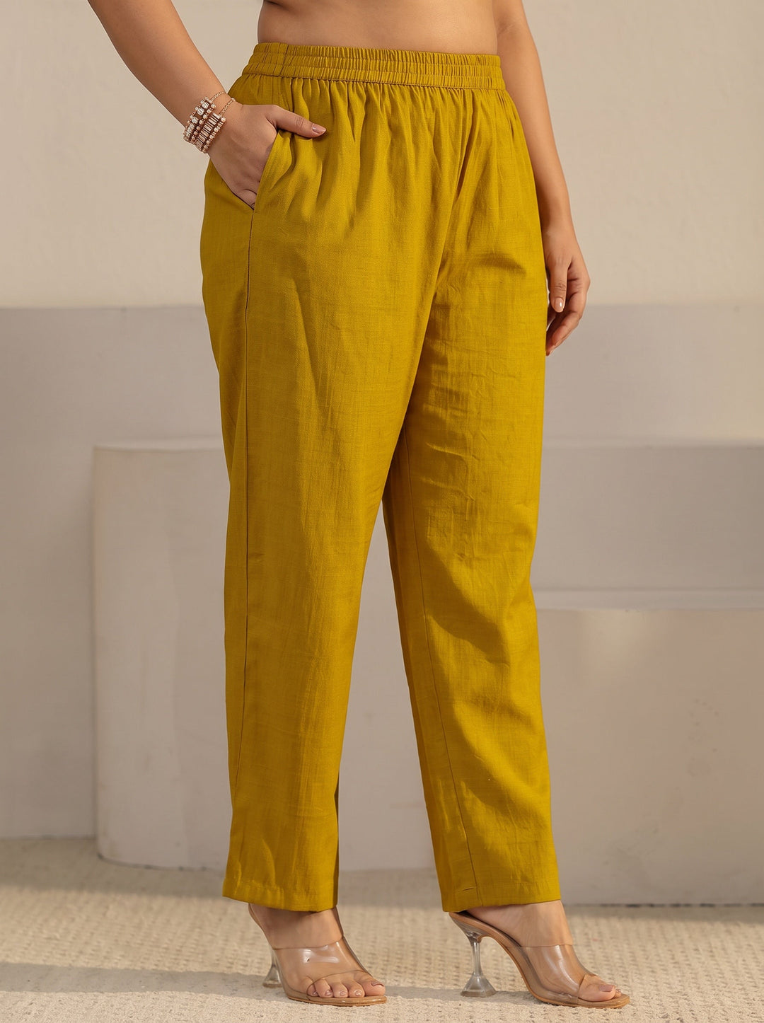 Plus Size Mustard Floral Printed Cotton Blend Straight Suit Set