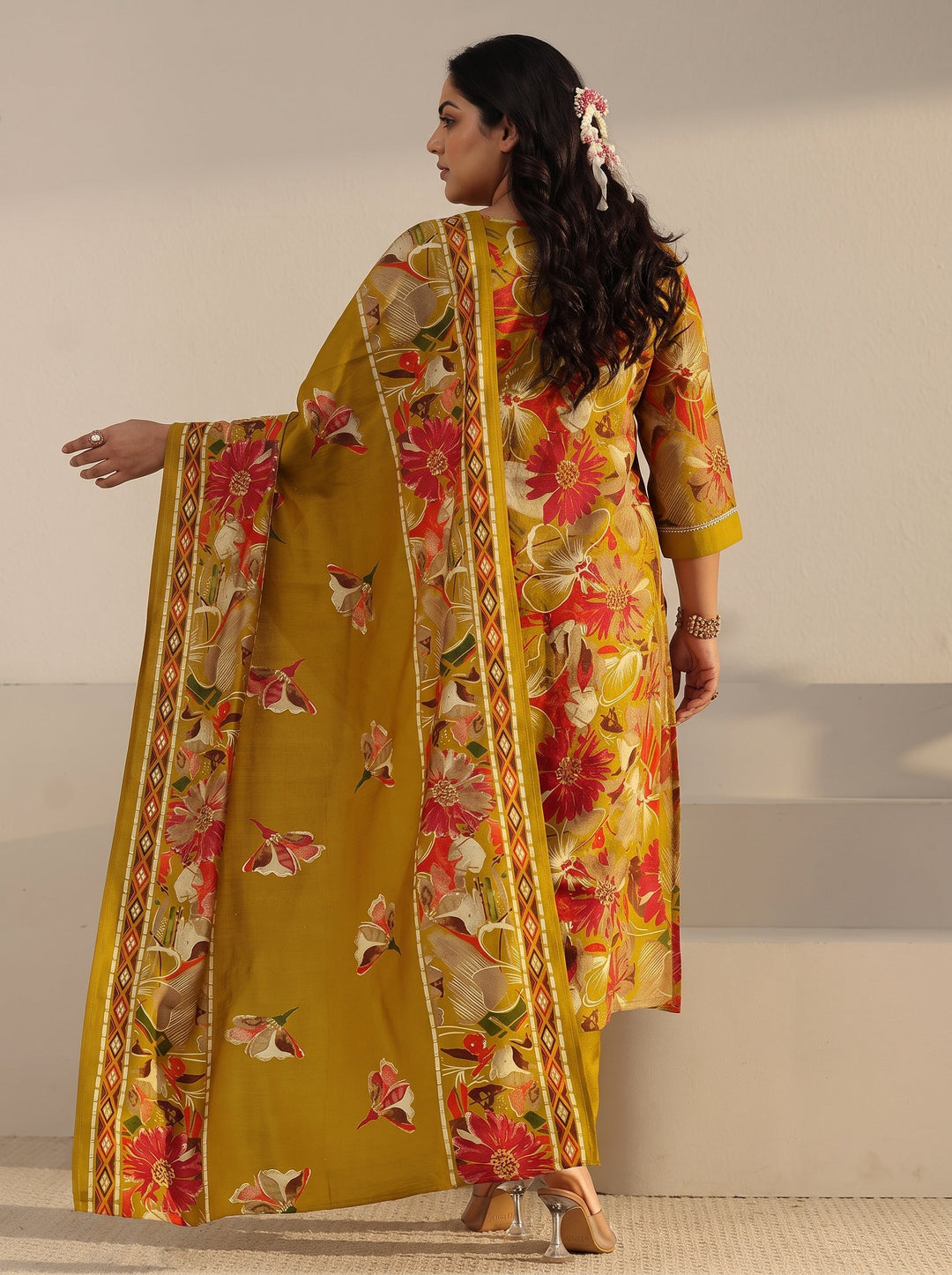 Plus Size Mustard Floral Printed Cotton Blend Straight Suit Set