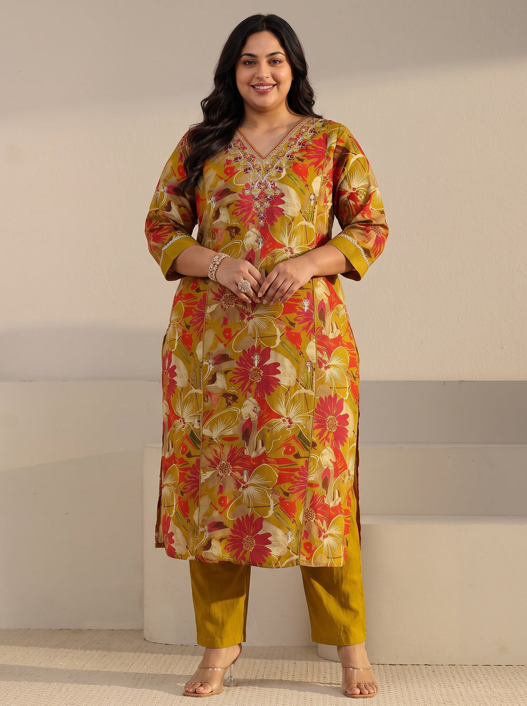 Plus Size Mustard Floral Printed Cotton Blend Straight Suit Set