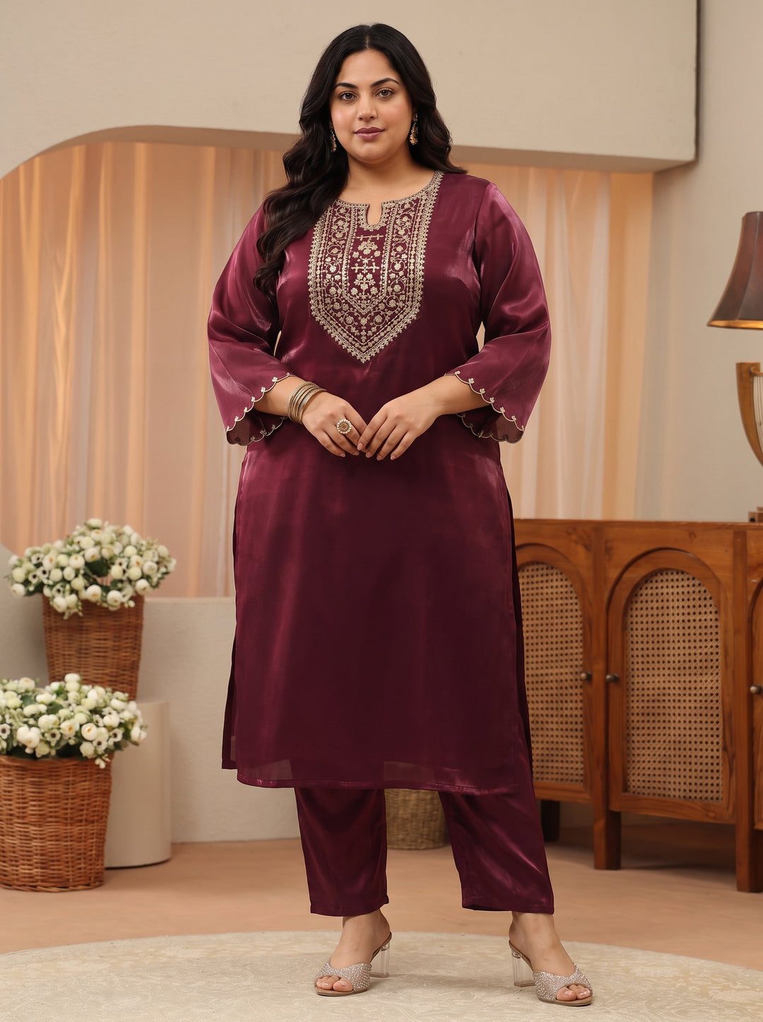Plus Size Maroon Yoke Design Tissue Straight Suit Set