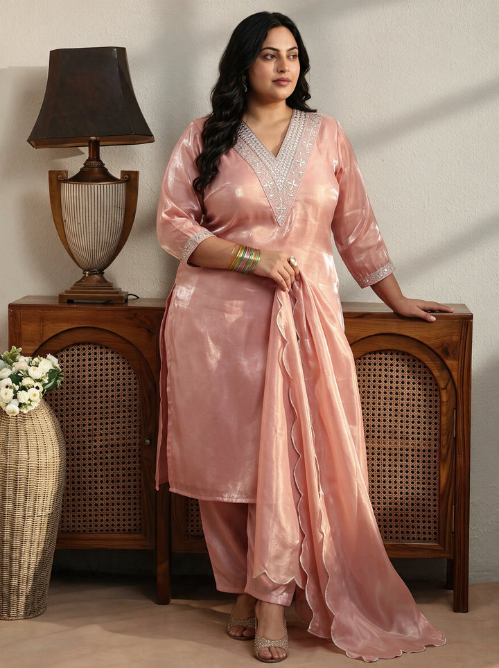 Plus Size Peach Yoke Design Tissue Straight Suit Set