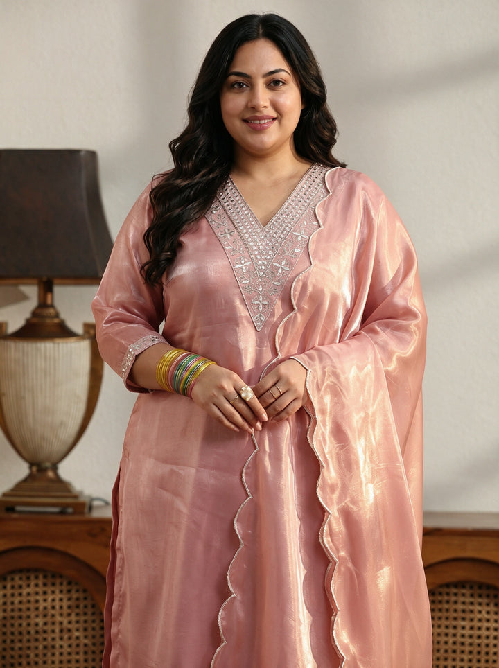 Plus Size Peach Yoke Design Tissue Straight Suit Set