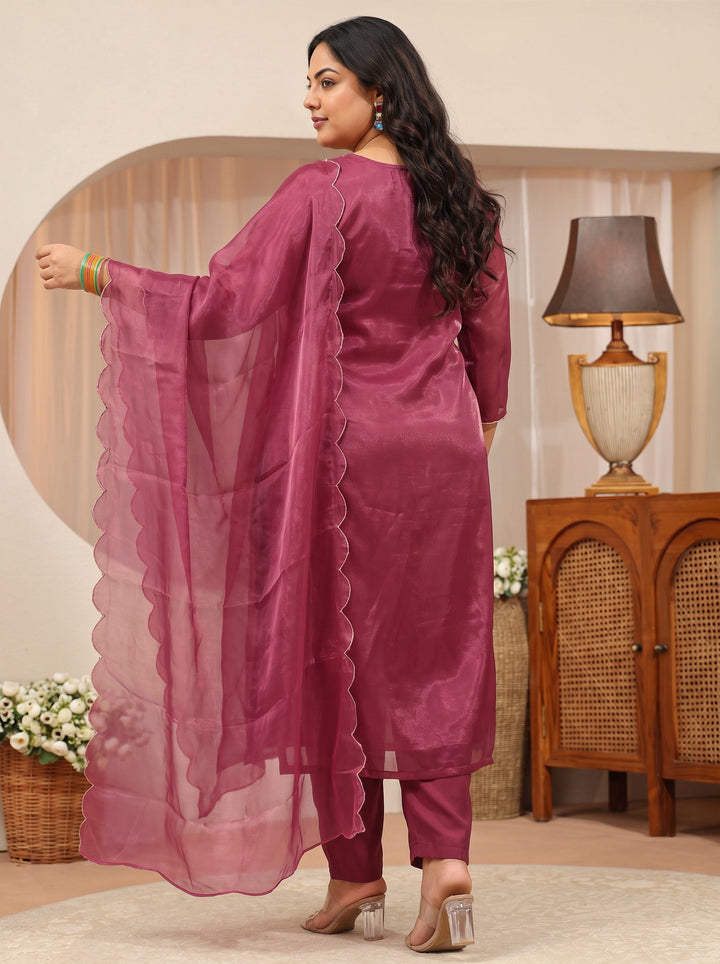Plus Size Maroon Yoke Design Tissue Straight Suit Set