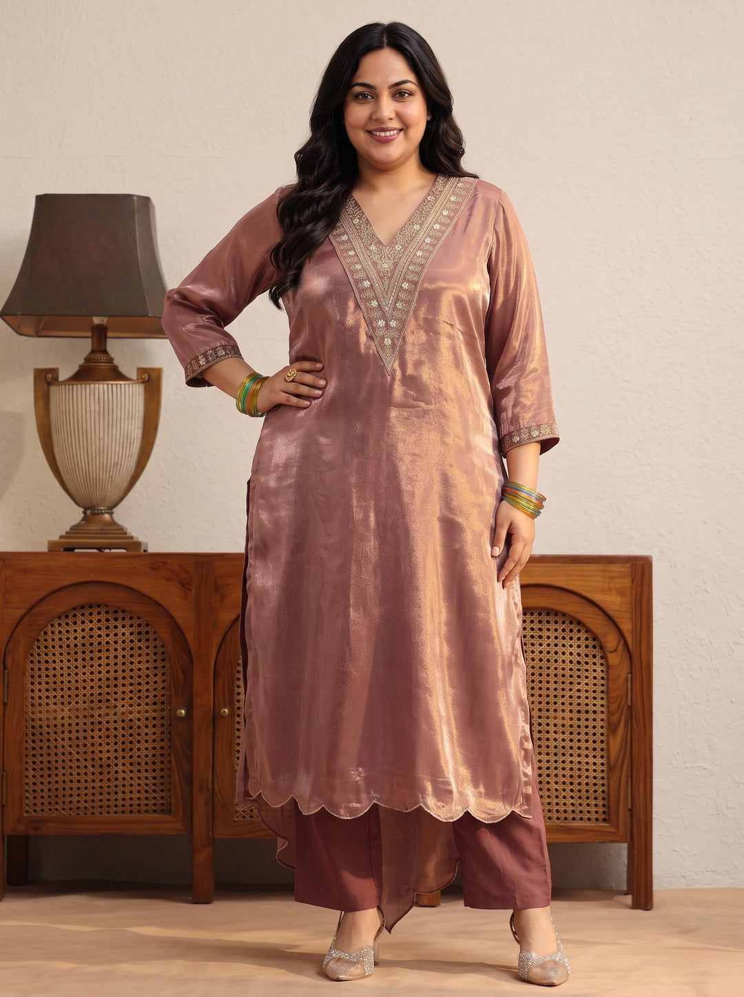 Plus Size Brown Yoke Design Tissue Straight Suit Set