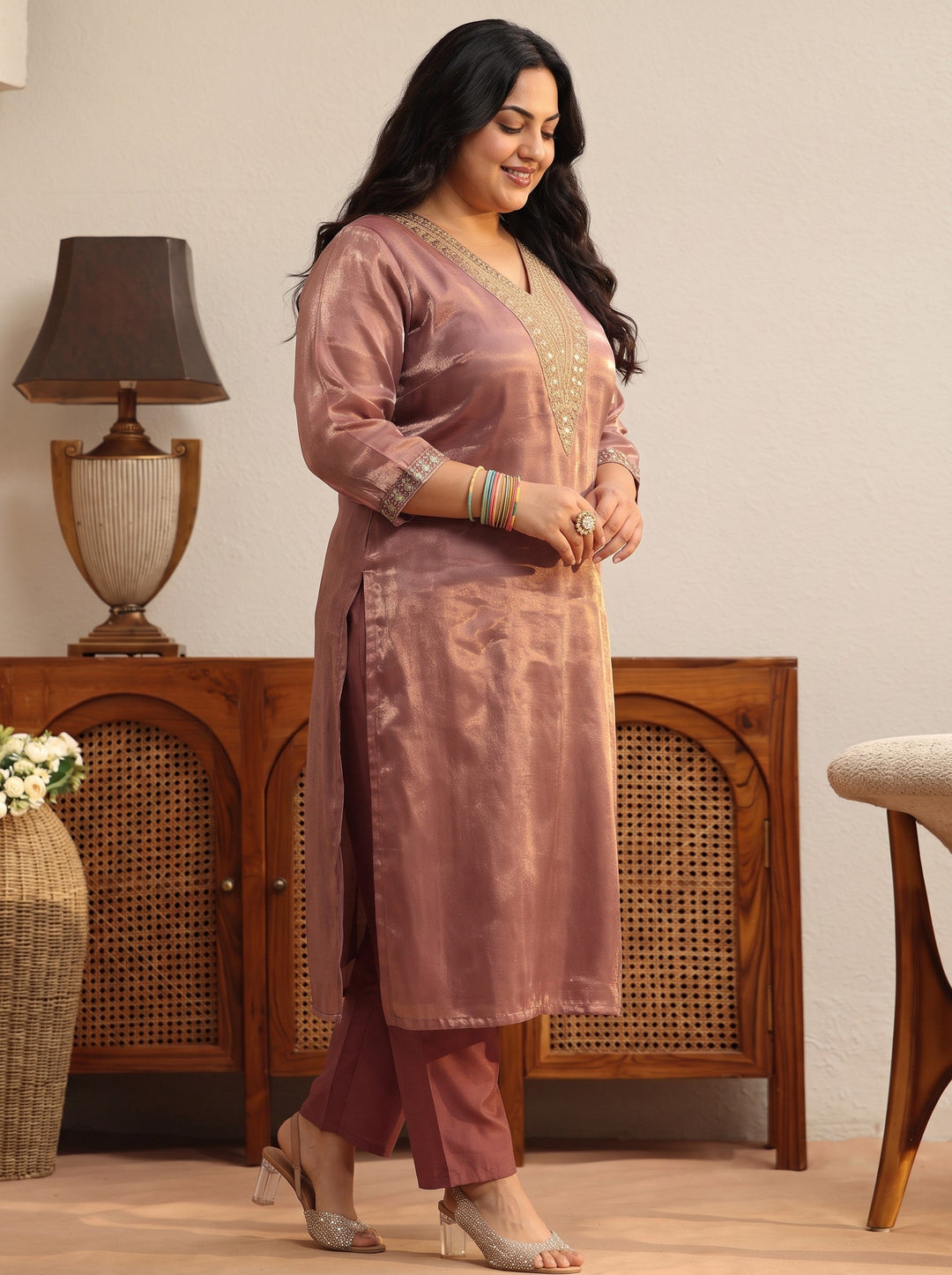 Plus Size Brown Yoke Design Tissue Straight Suit Set