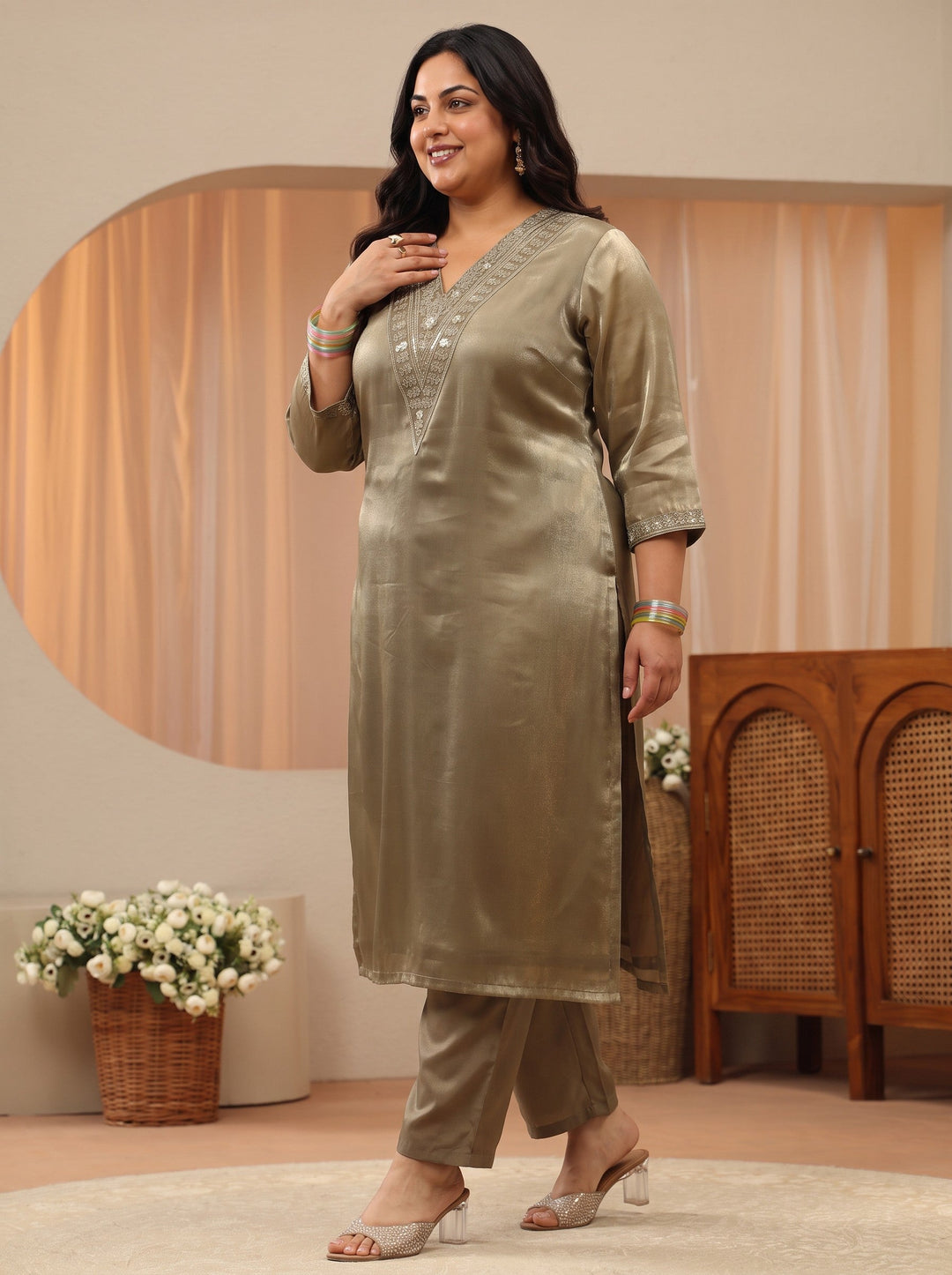 Plus Size Taupe Floral Yoke Design Tissue Straight Suit Set