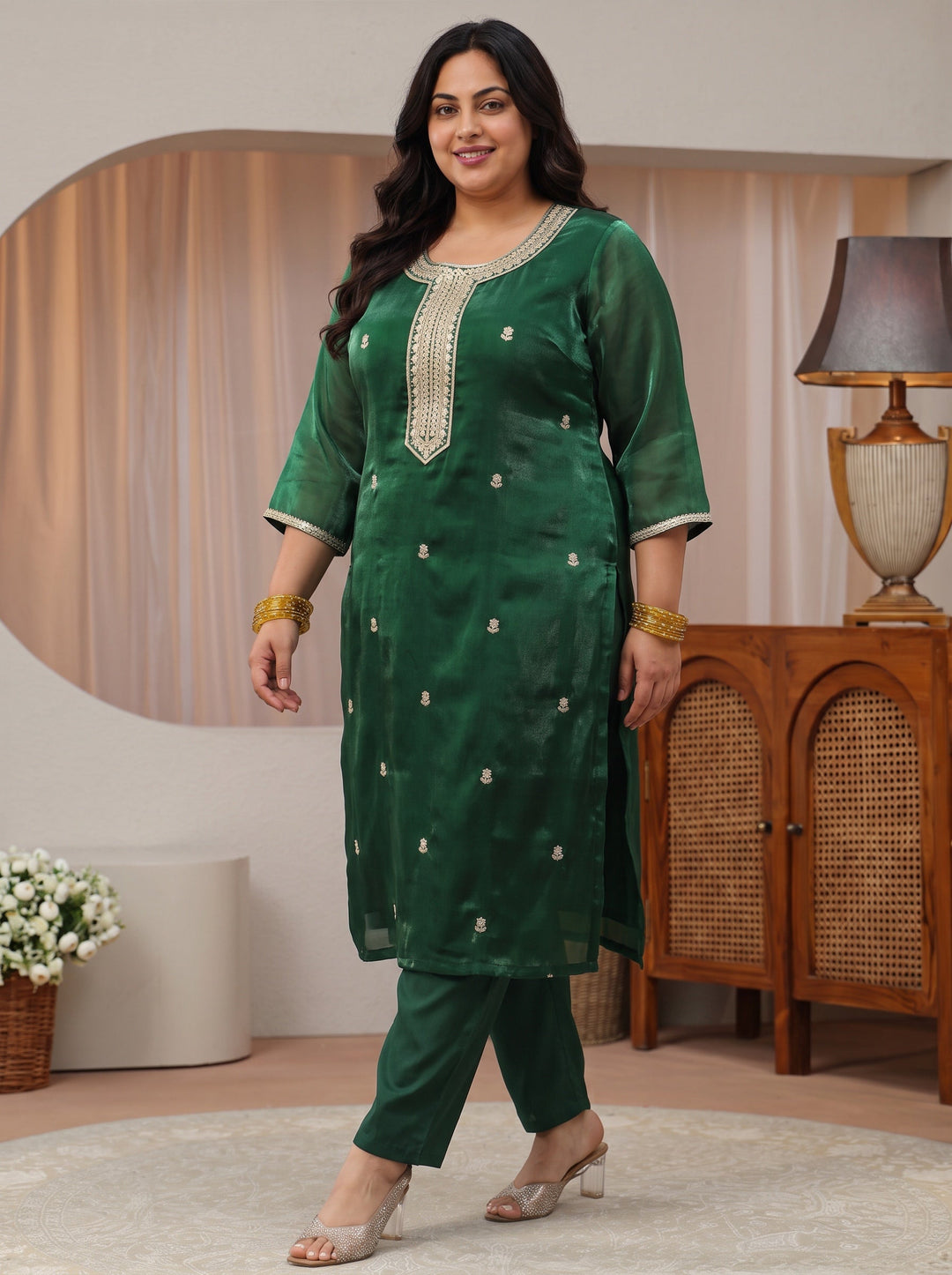 Plus Size Green Ethnic Embroidered Tissue Straight Suit Set