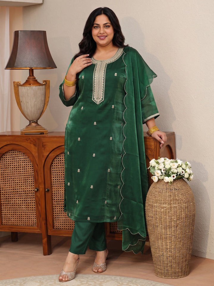 Plus Size Green Ethnic Embroidered Tissue Straight Suit Set