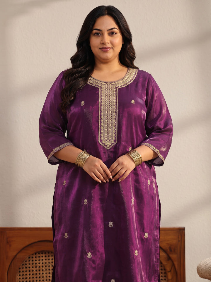 Plus Size Burgundy Embroidered Tissue Straight Suit Set
