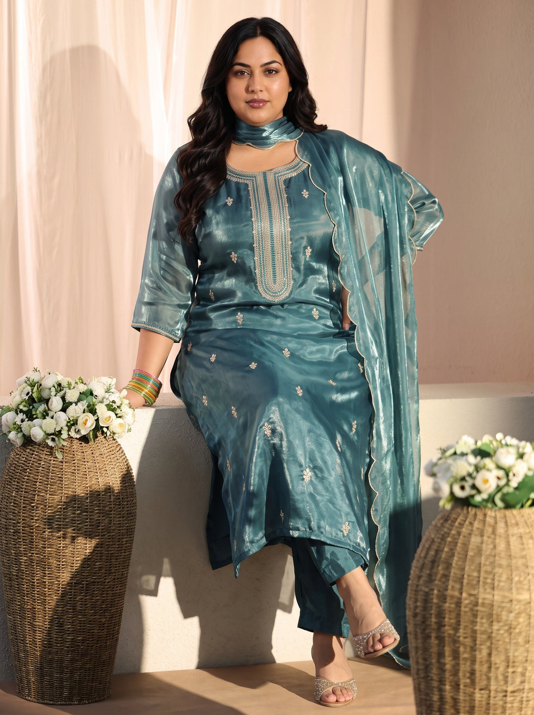 Plus Size Teal Ethnic Embroidered Tissue Straight Suit Set