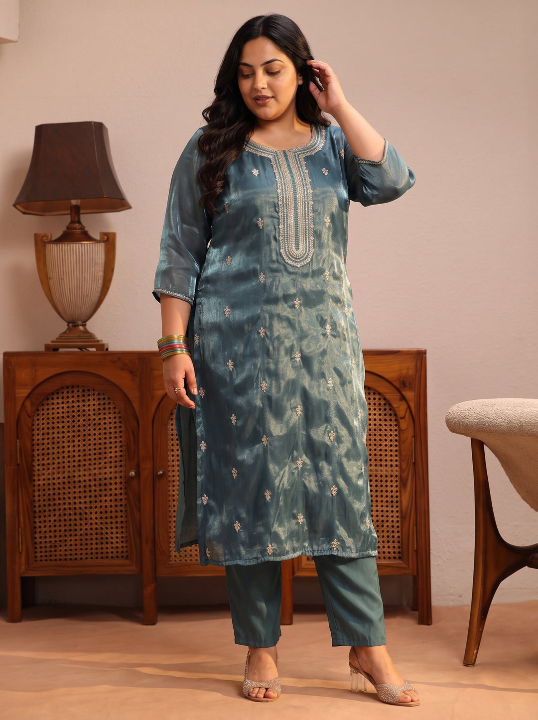 Plus Size Teal Ethnic Embroidered Tissue Straight Suit Set