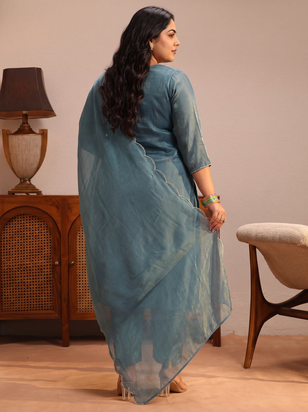 Plus Size Teal Ethnic Embroidered Tissue Straight Suit Set