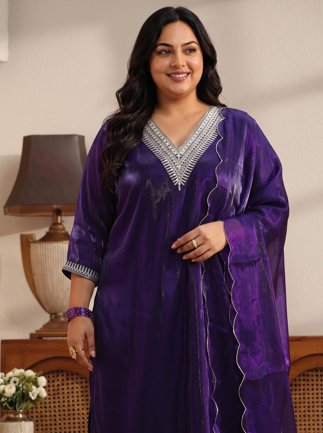 Plus Size Purple Yoke Design Tissue Straight Suit Set
