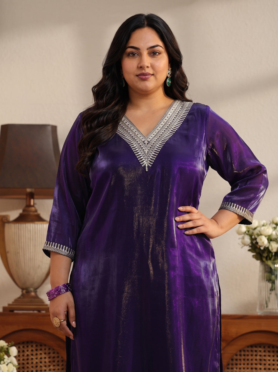 Plus Size Purple Yoke Design Tissue Straight Suit Set
