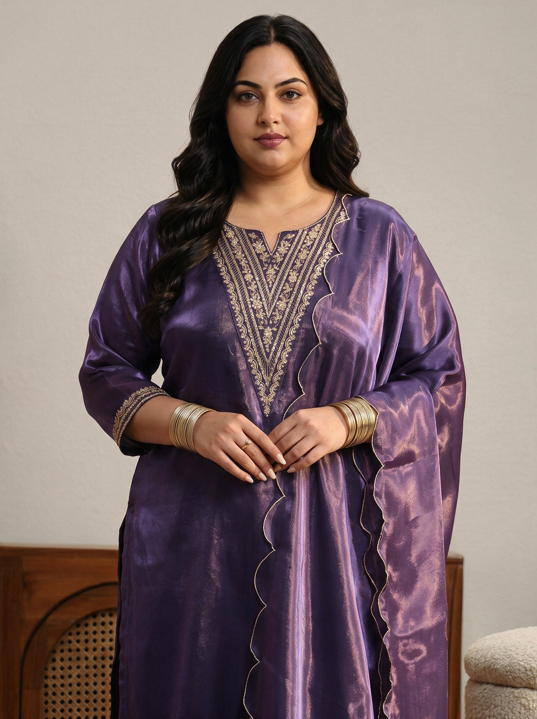 Plus Size Purple Yoke Design Tissue Straight Suit Set