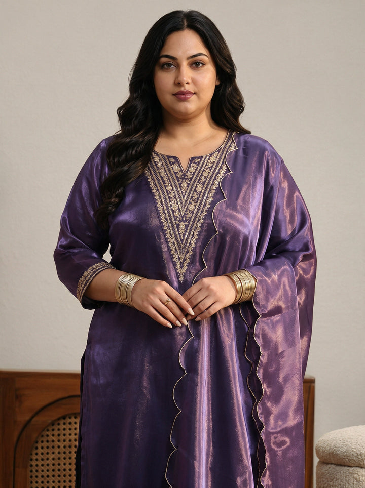 Plus Size Purple Yoke Design Tissue Straight Suit Set