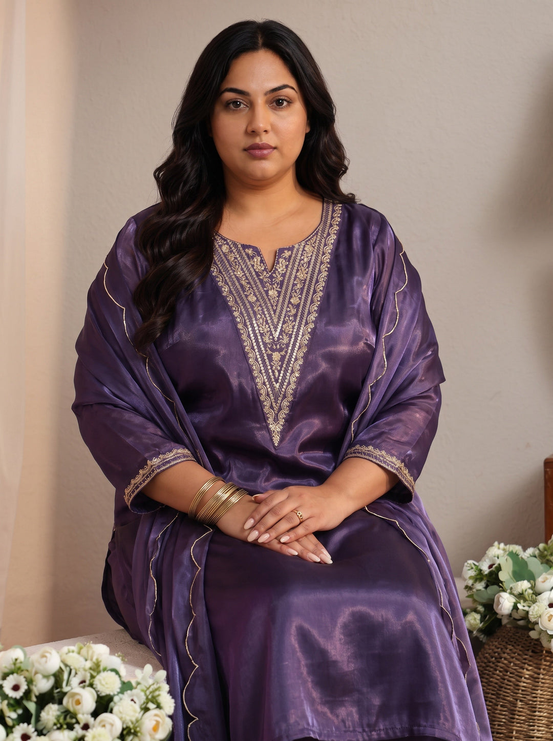 Plus Size Purple Yoke Design Tissue Straight Suit Set