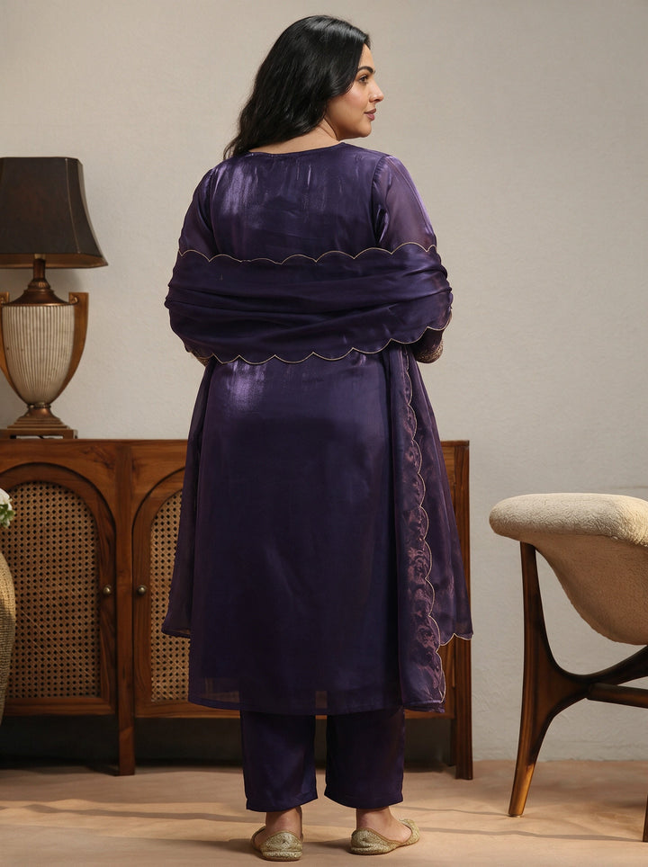 Plus Size Purple Yoke Design Tissue Straight Suit Set
