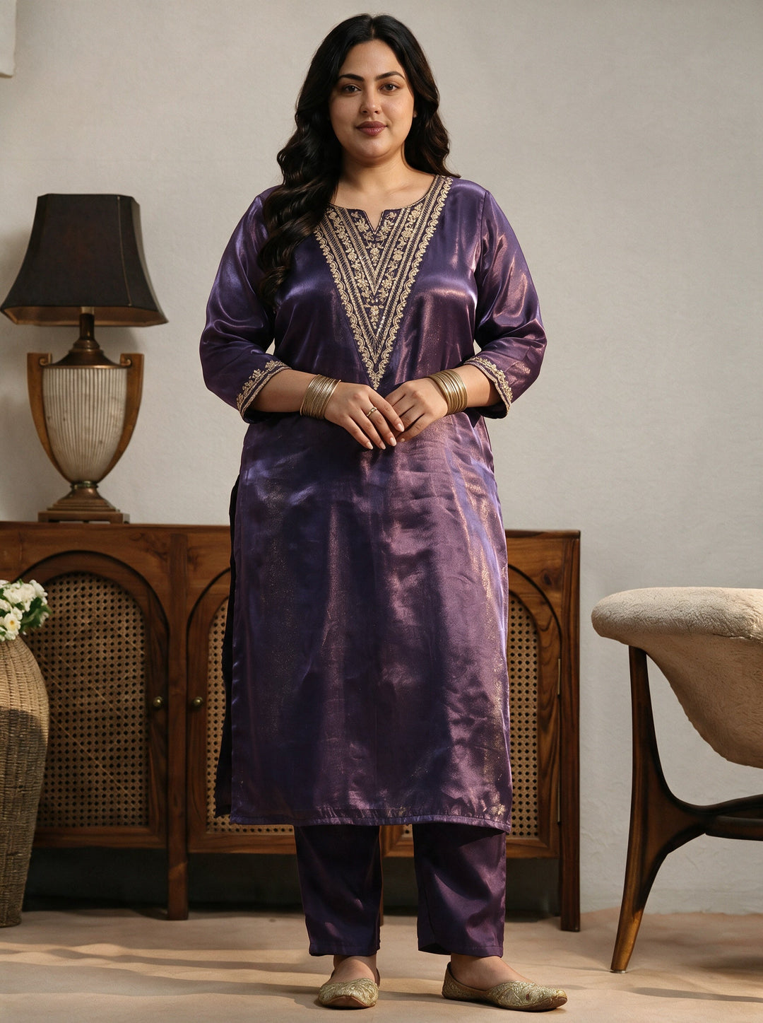 Plus Size Purple Yoke Design Tissue Straight Suit Set