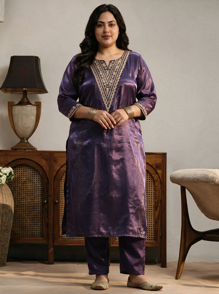 Plus Size Purple Yoke Design Tissue Straight Suit Set
