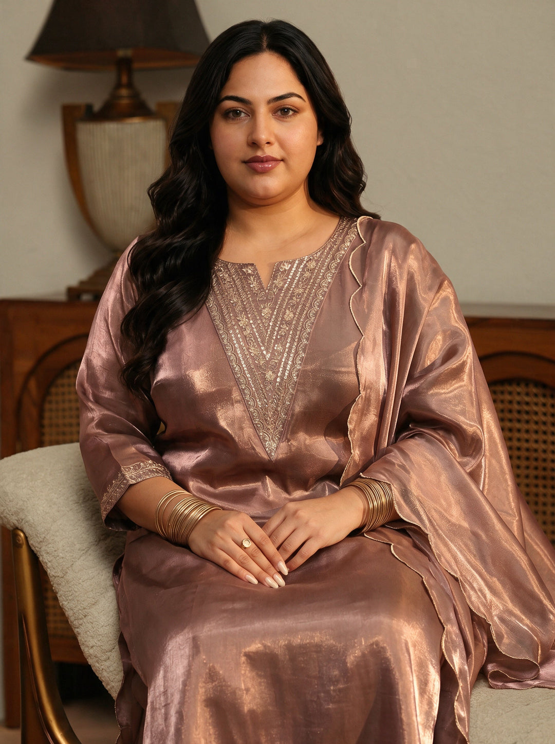 Plus Size Mauve Yoke Design Tissue Straight Suit Set