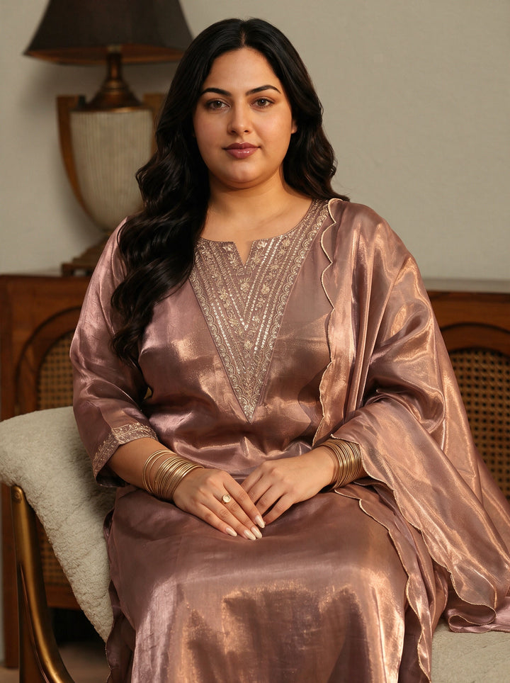 Plus Size Mauve Yoke Design Tissue Straight Suit Set