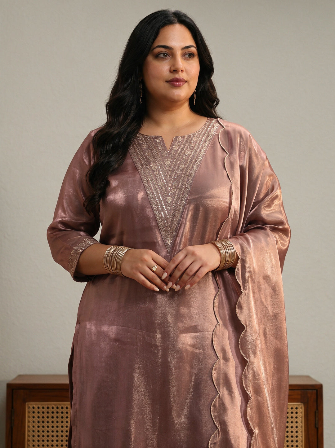 Plus Size Mauve Yoke Design Tissue Straight Suit Set