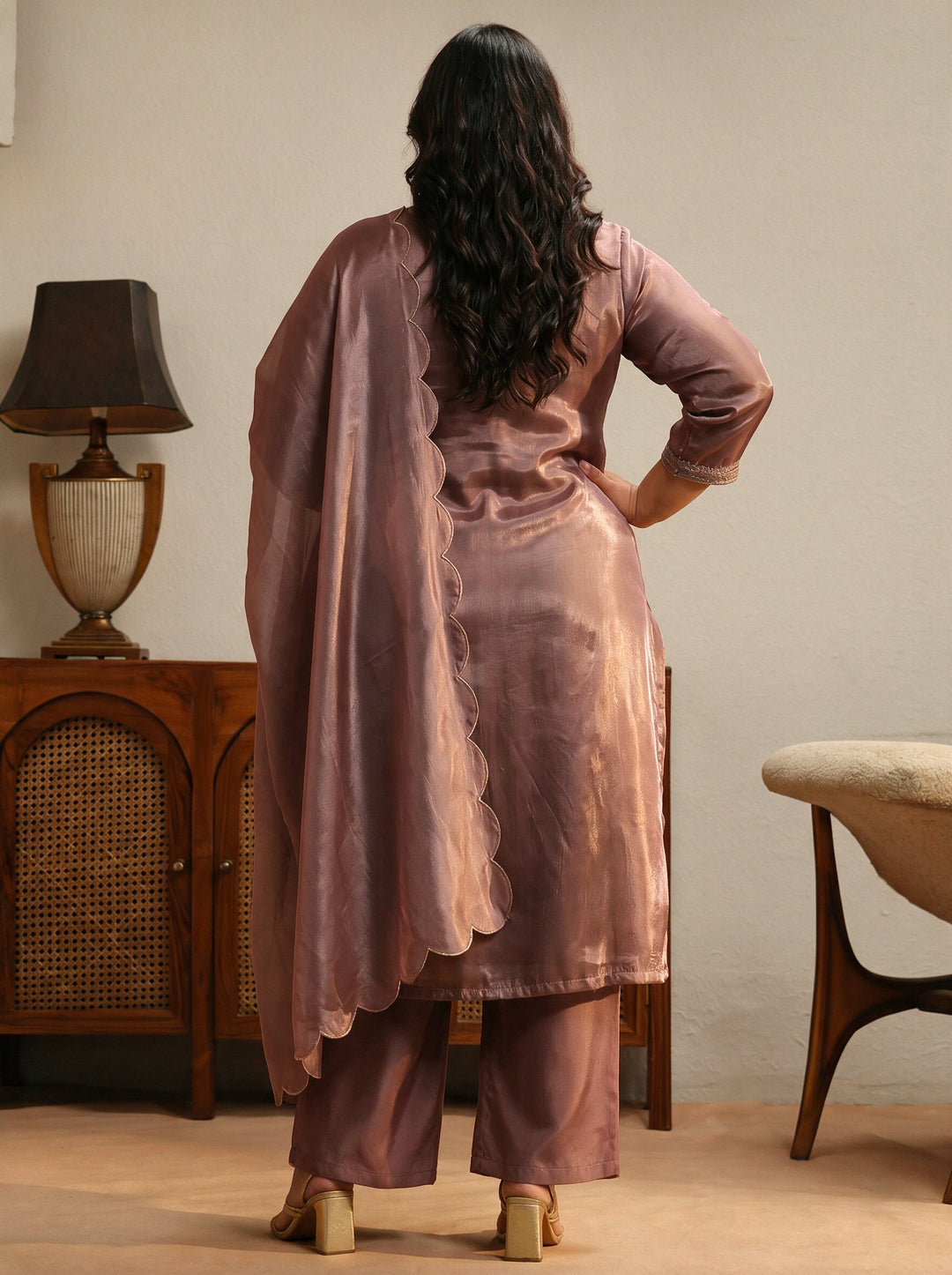 Plus Size Mauve Yoke Design Tissue Straight Suit Set