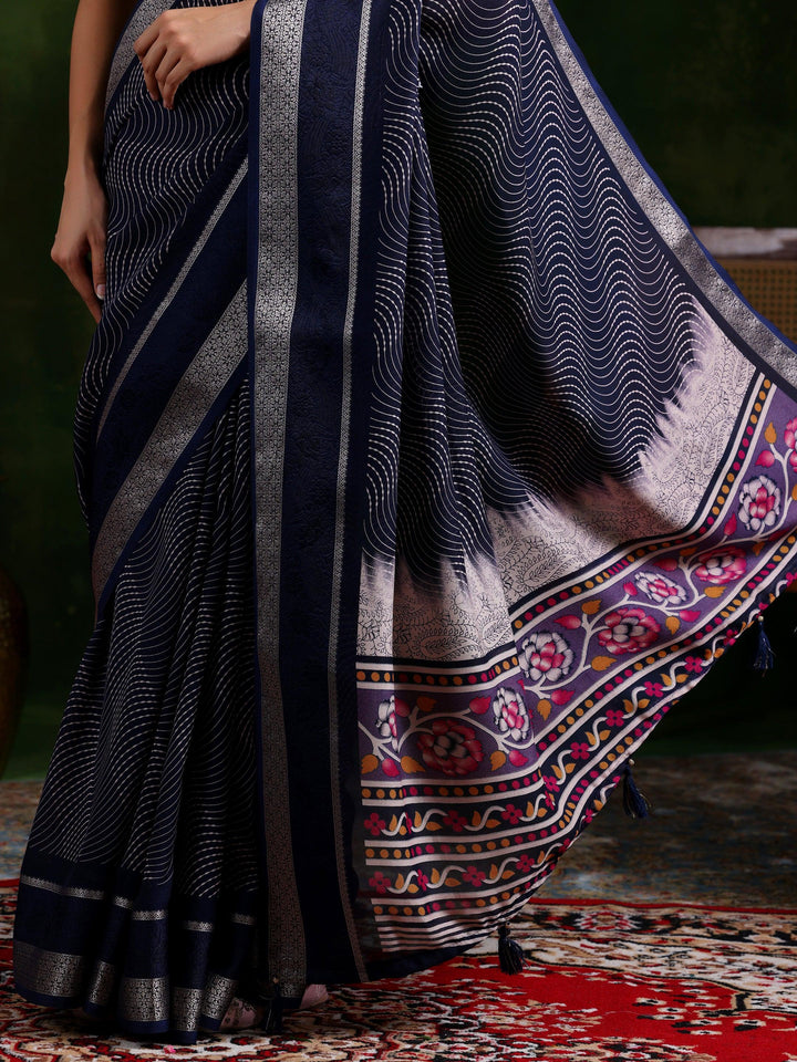 Blue Printed Silk Blend Saree With Unstitched Blouse Piece - Libas