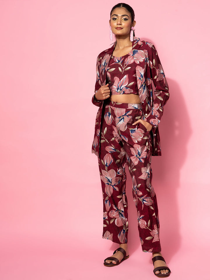 Maroon Printed Silk Blend 3 Piece Co-Ords