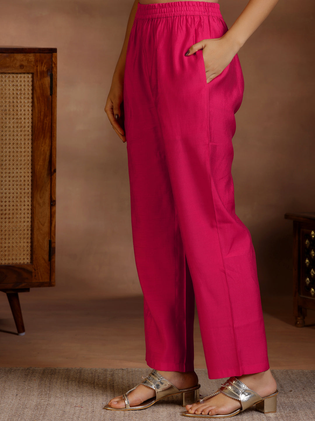 Pink Yoke Design Silk Blend Straight Suit Set With Dupatta