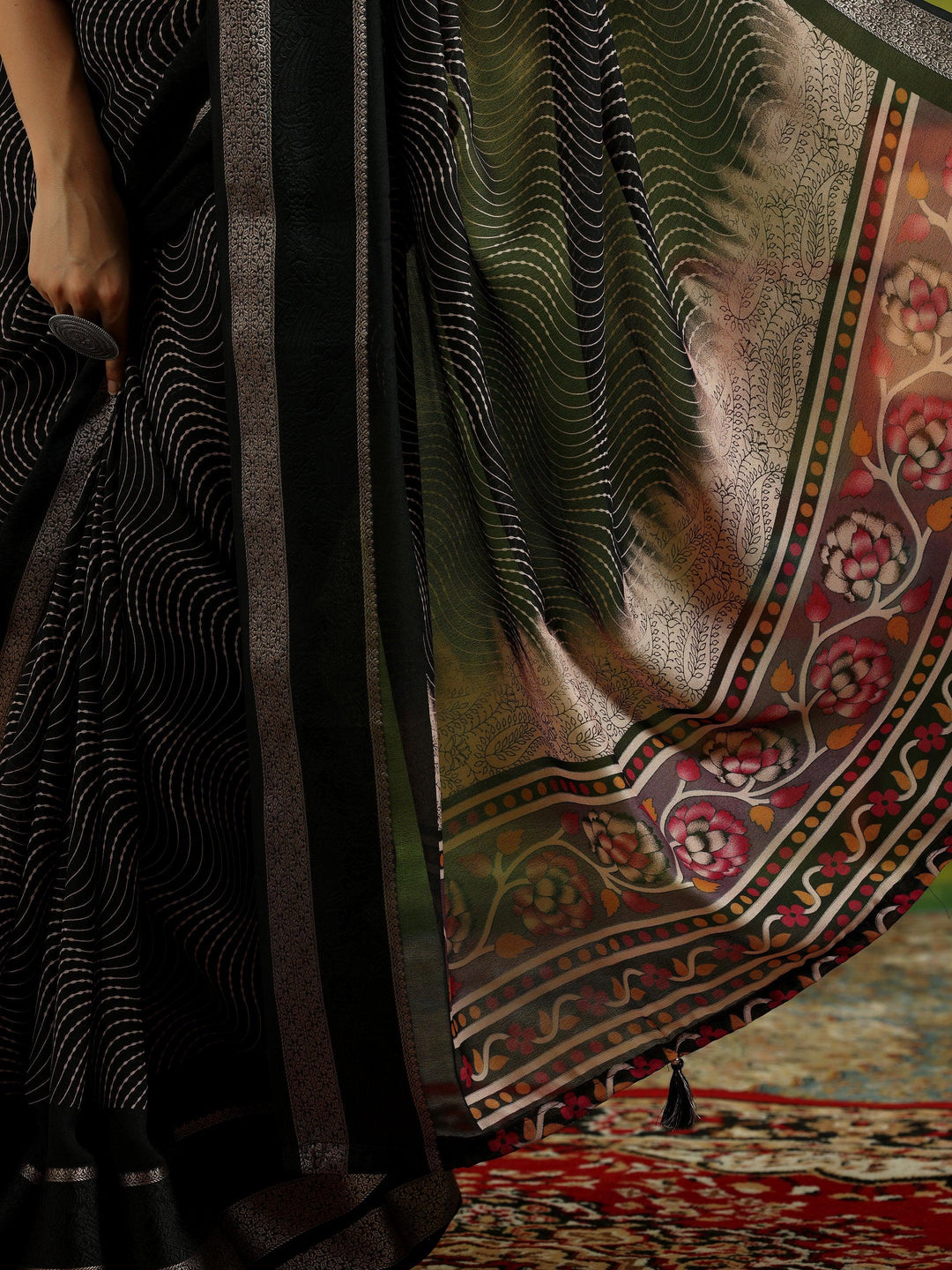 Black Printed Silk Blend Saree With Unstitched Blouse Piece - Libas