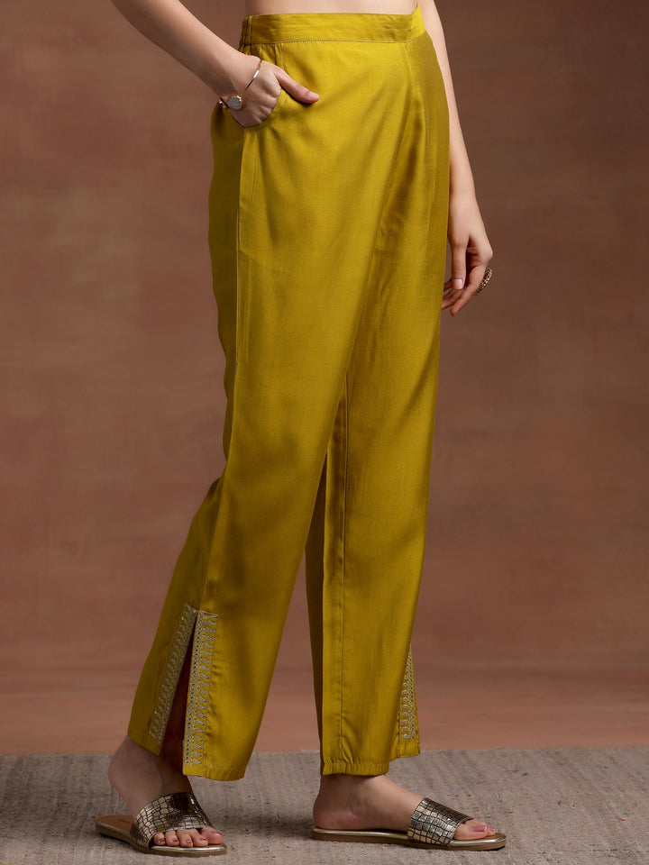 Mustard Embroidered Silk Blend Straight Suit With Dupatta