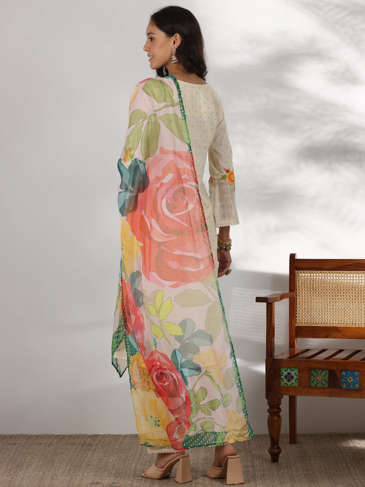 Off white Printed Cotton Straight Suit With Dupatta