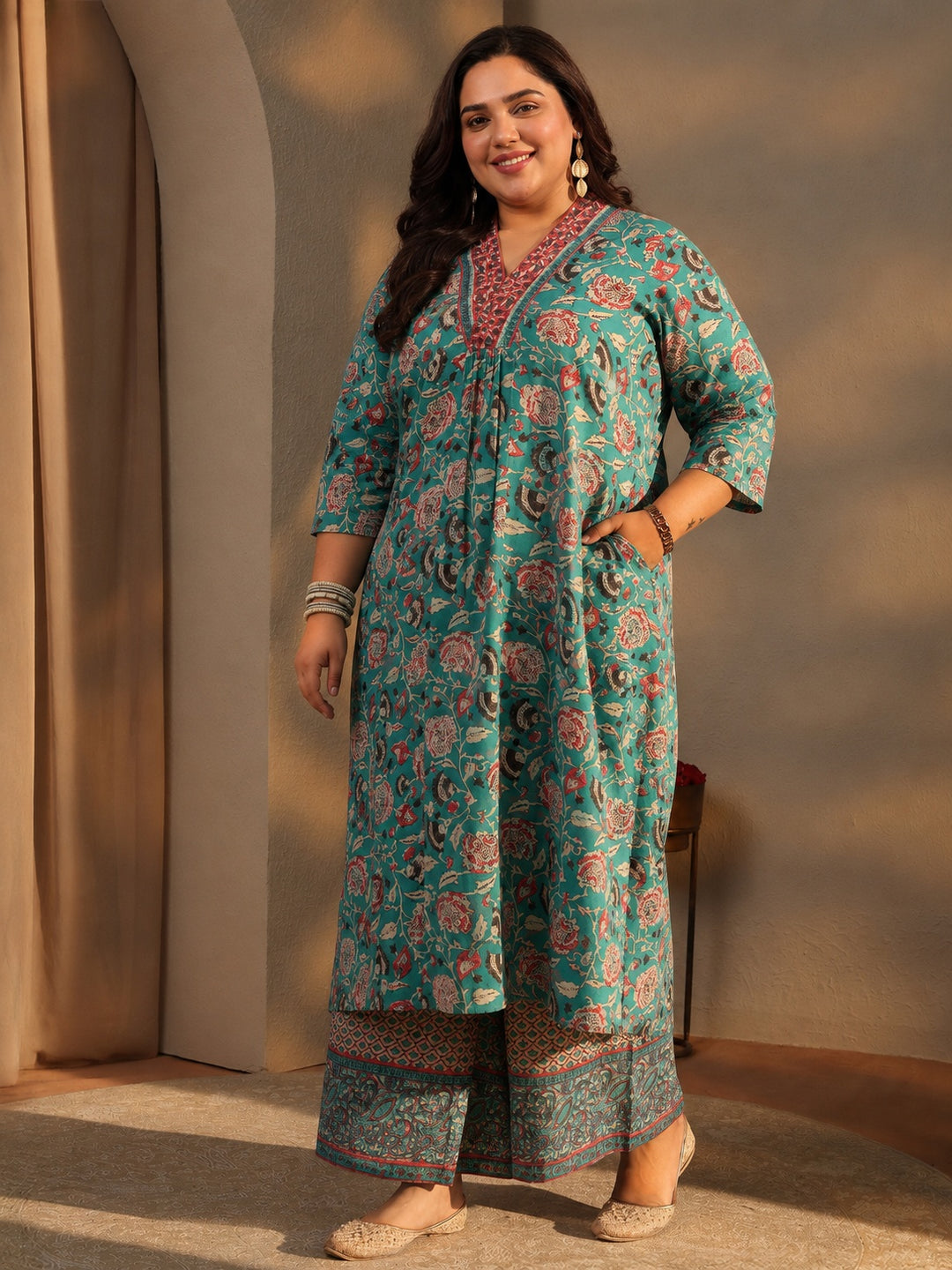 Plus Size Blue Floral Printed Cotton Blend A-line Suit Set