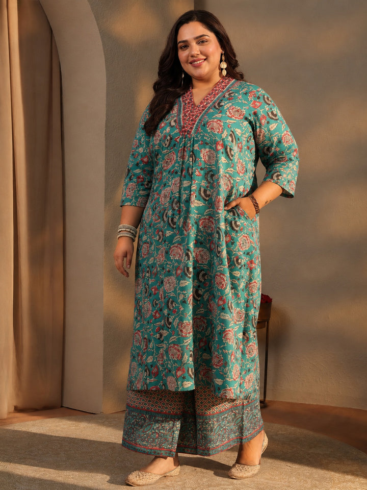 Plus Size Blue Floral Printed Cotton Blend A-line Suit Set