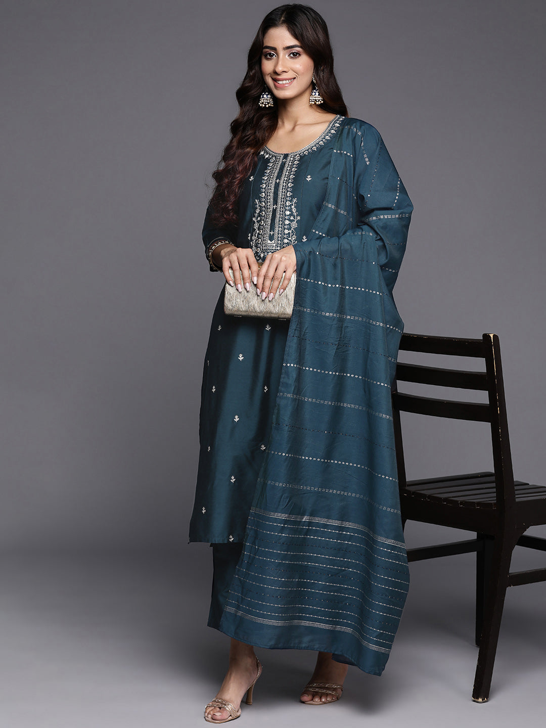 Blue Embroidered Silk Blend Straight Suit Set With Dupatta
