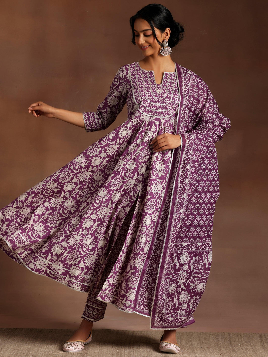 Nalini Purple Printed Cotton Anarkali Kurta With Trousers & Dupatta - ShopLibas 