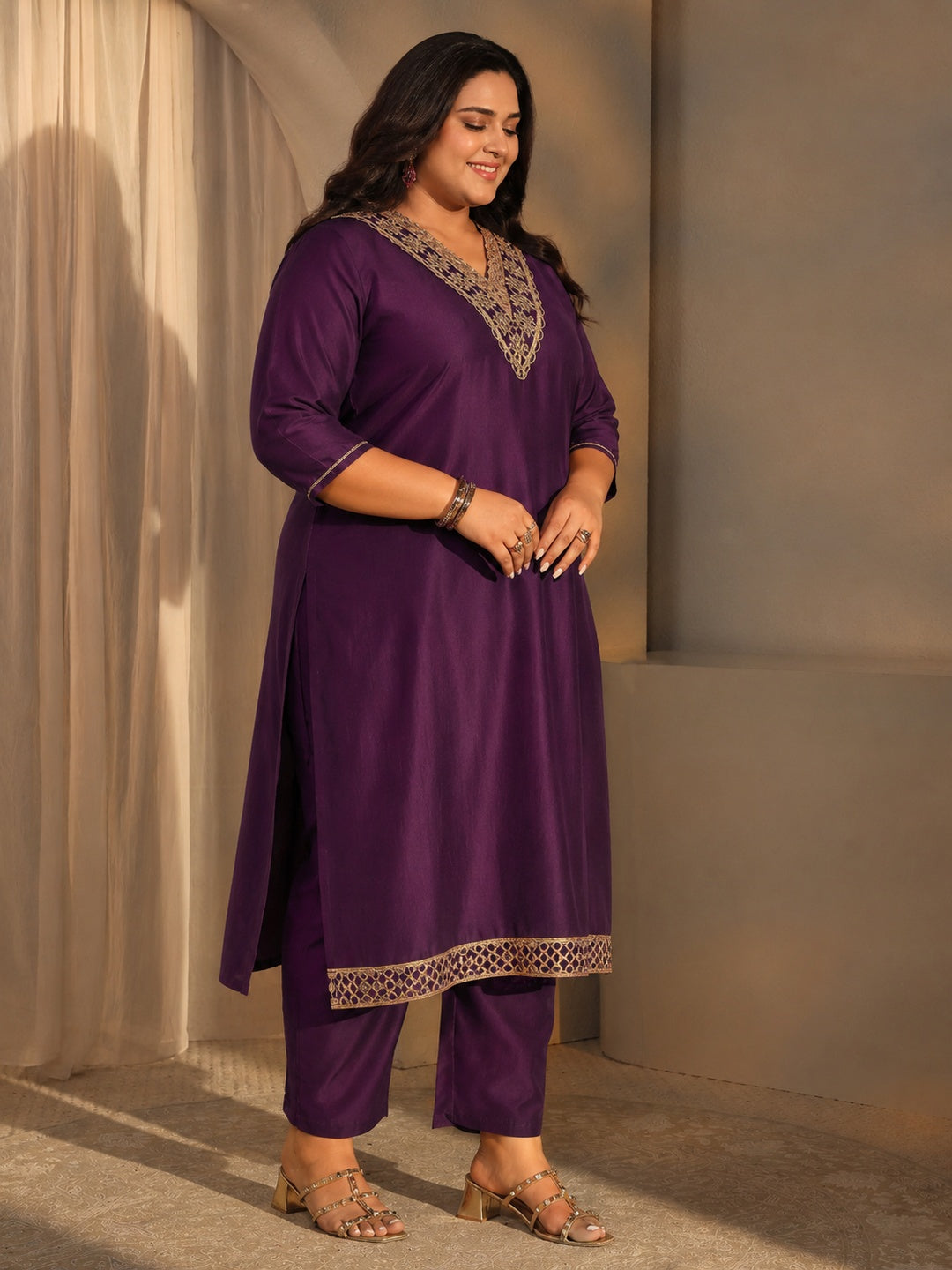 Plus Size Burgundy Yoke Design Silk Blend Straight Suit Set
