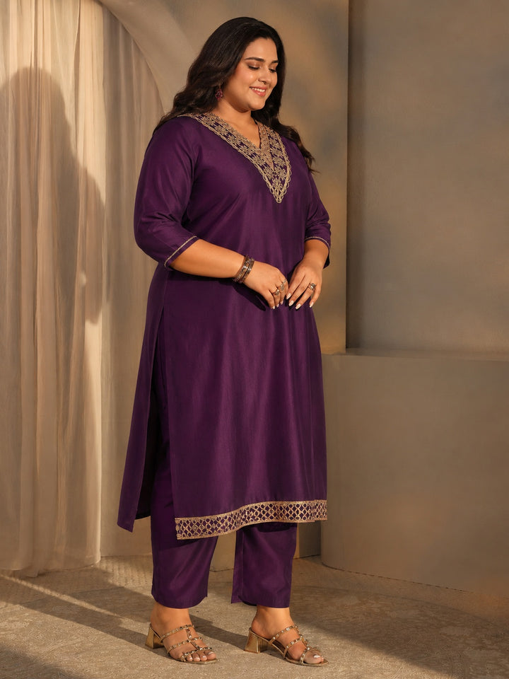 Plus Size Burgundy Yoke Design Silk Blend Straight Suit Set