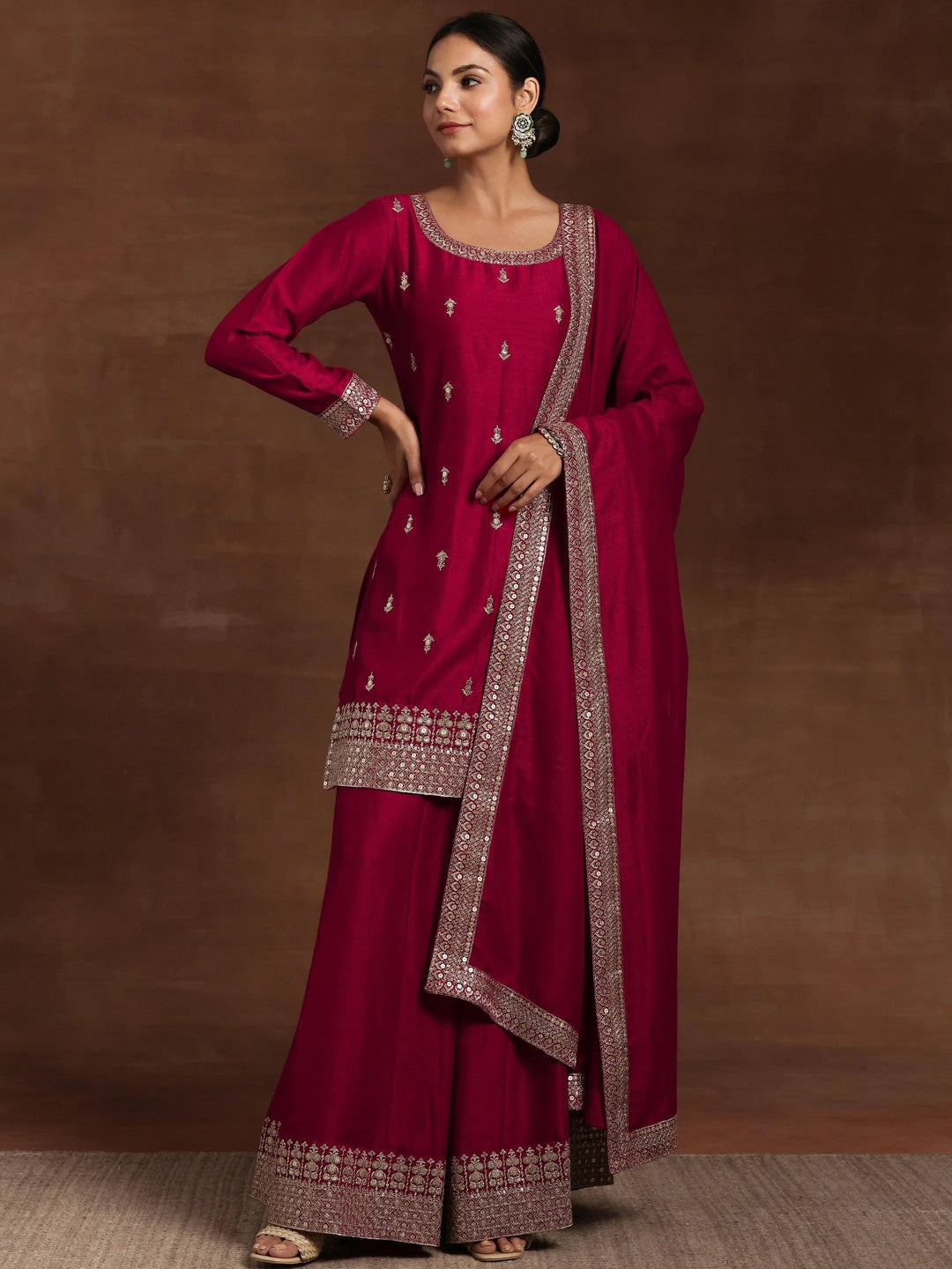 Pink Embroidered Silk Blend Straight Suit With Dupatta
