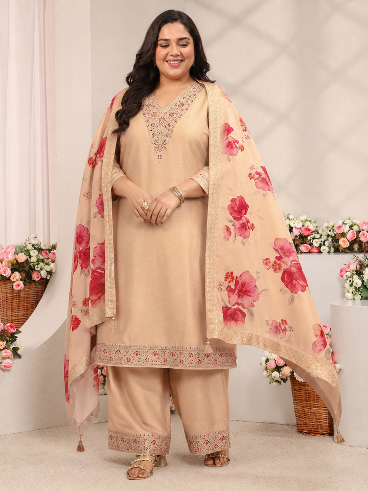 Plus Size Beige Floral Embroidered Silk Blend Straight Suit Set